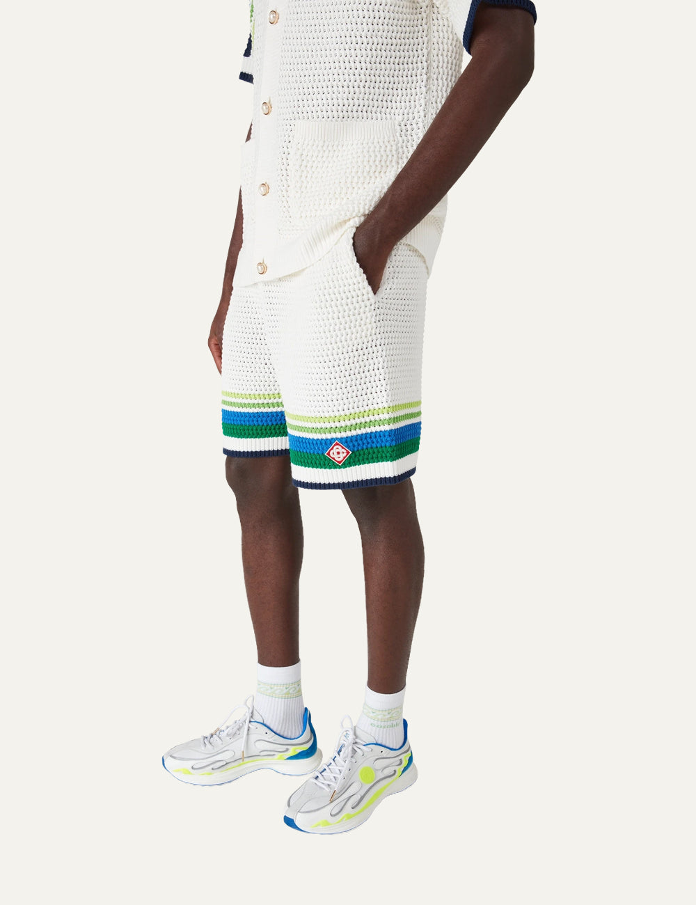 Casablanca diamond logo patch knit shorts white green blue stripes side view
