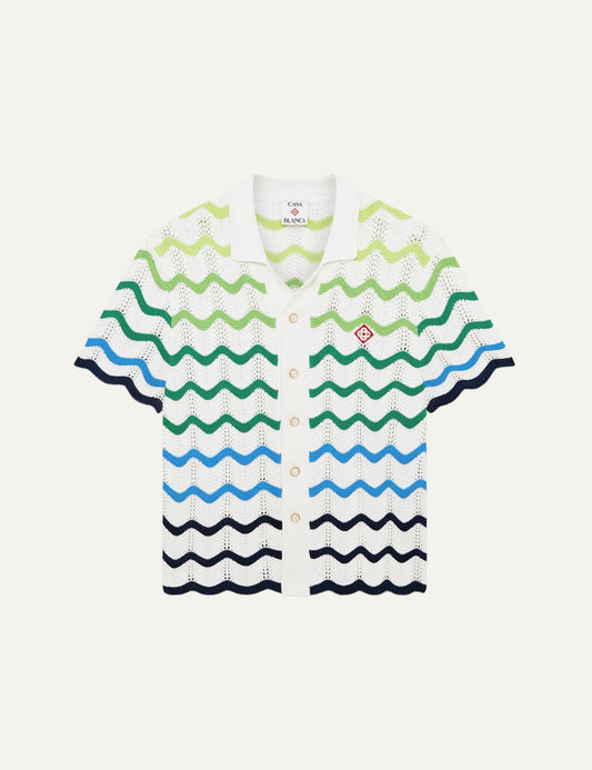 Ανδρικό πλεκτό πουκάμισο Casablanca Wave knit shirt green white crochet cotton front