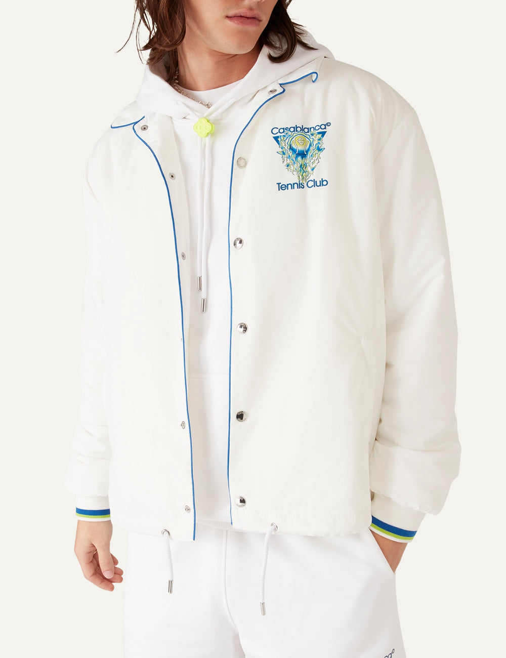 Casablanca Tennis Club jacket worn side angle white coach jacket