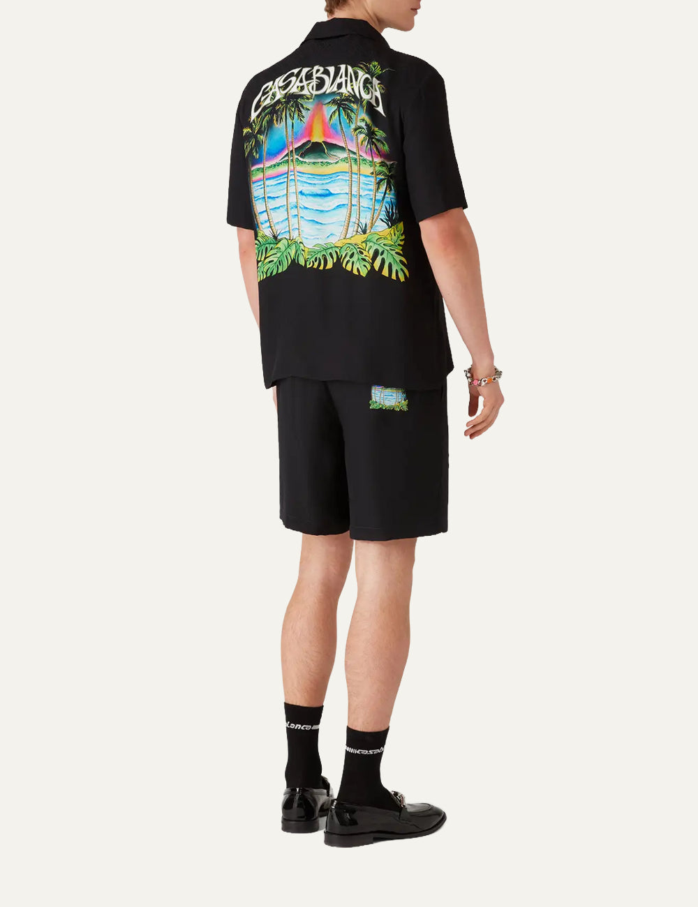 Casablanca luxury silk shirt men Volcano graphic πίσω όψη φορεμένο