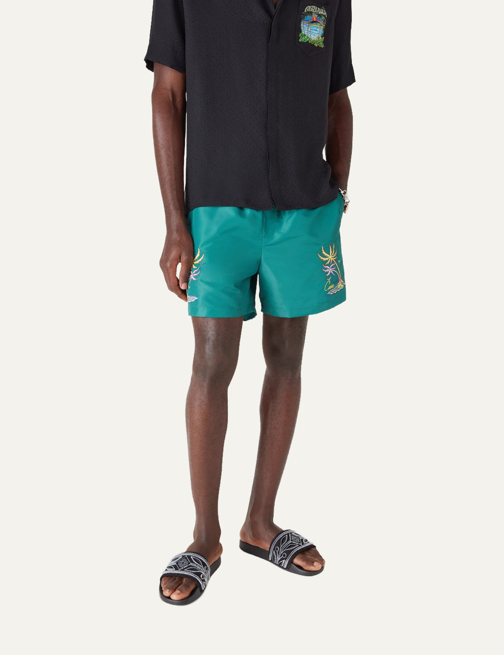 Casablanca luxury swim shorts green palm embroidery front detail