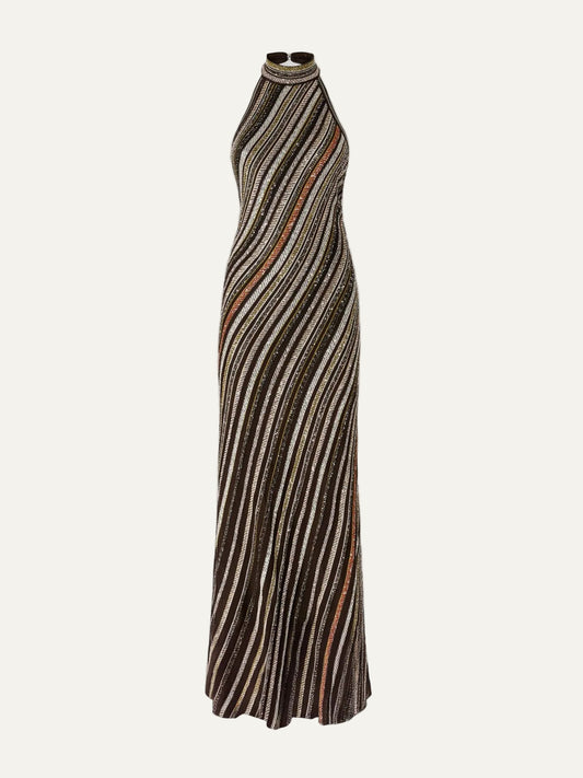 Women's Missoni maxi dress in multicolor herringbone stripe knit, sleeveless design, fitted silhouette product view