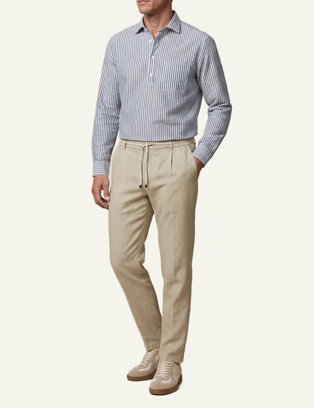 Cruna Mitte ecru linen tapered pants front model view