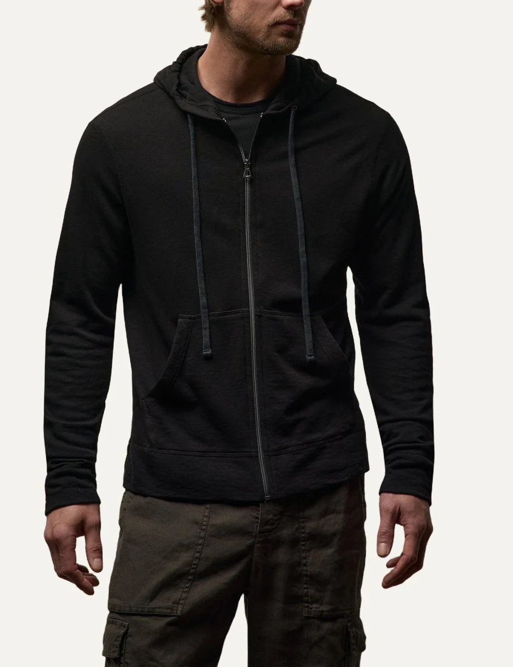 James Perse men's black cotton zip-up hoodie full body