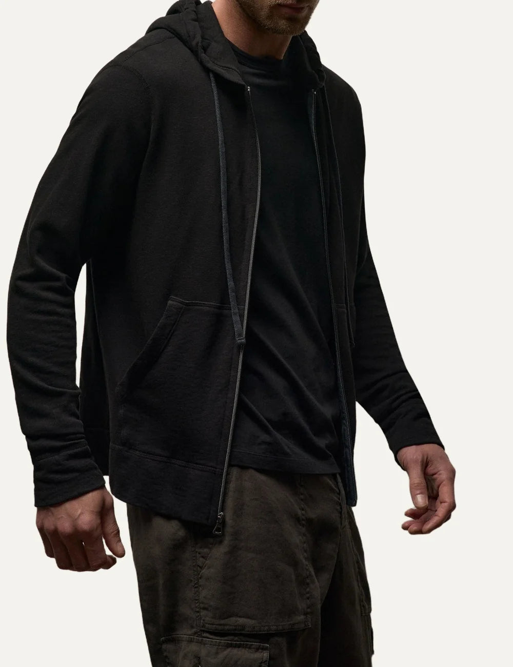 James Perse men's black cotton zip-up hoodie side