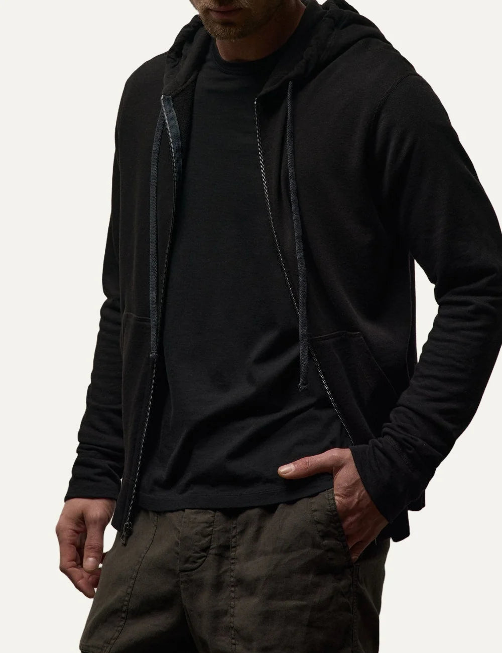 James Perse men's black cotton zip-up hoodie model
