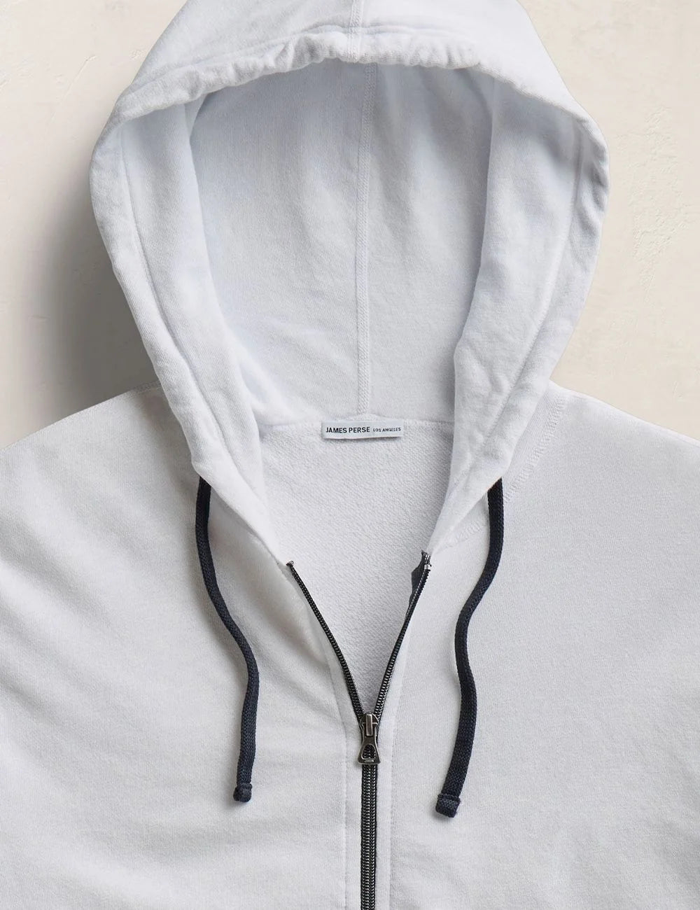 James Perse men’s white zip hoodie hood detail drawcord