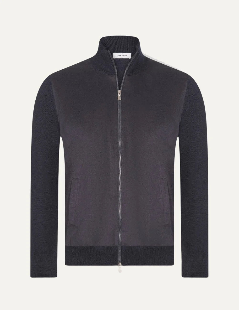 Men's Gran Sasso navy blue wool zip-up jacket with Alcantara front panel, stand collar and ribbed cuffs, front view