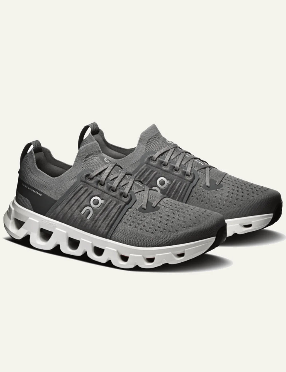 Men's On Cloudswift 4 Rock White grey running sneakers with Helion superfoam and CloudTec cushioning angled