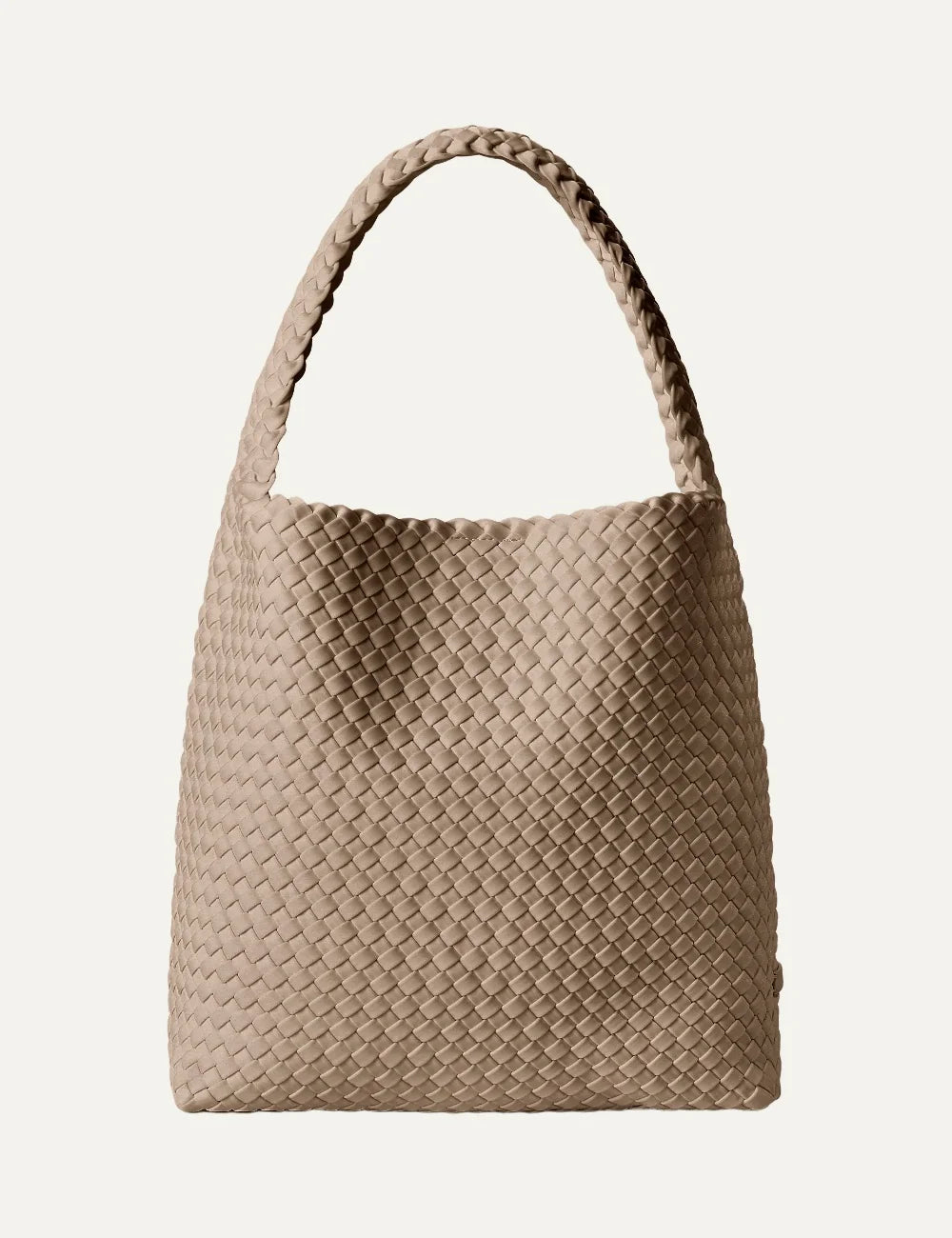 Women's Naghedi Nomad Medium Hobo bag in Cashmere taupe handwoven neoprene with wide shoulder strap front view