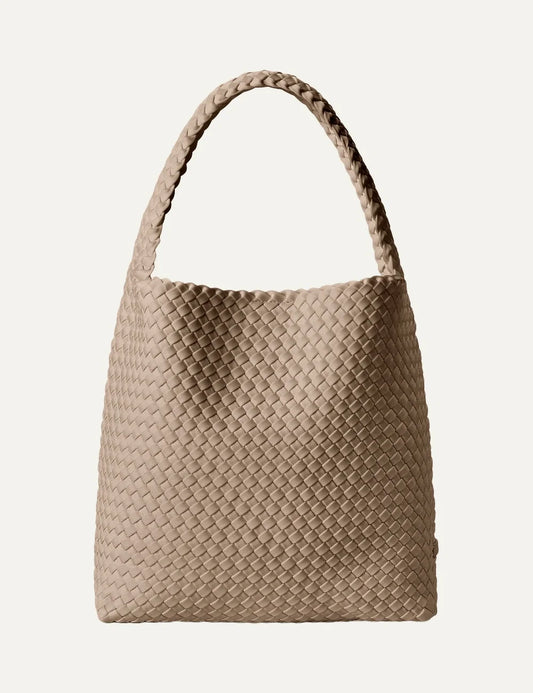Women's Naghedi Nomad Medium Hobo bag in Cashmere taupe handwoven neoprene with wide shoulder strap front view