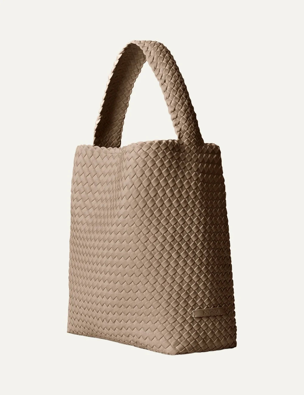 Women's Naghedi Nomad Medium Hobo bag in Cashmere taupe handwoven neoprene with wide shoulder strapside view