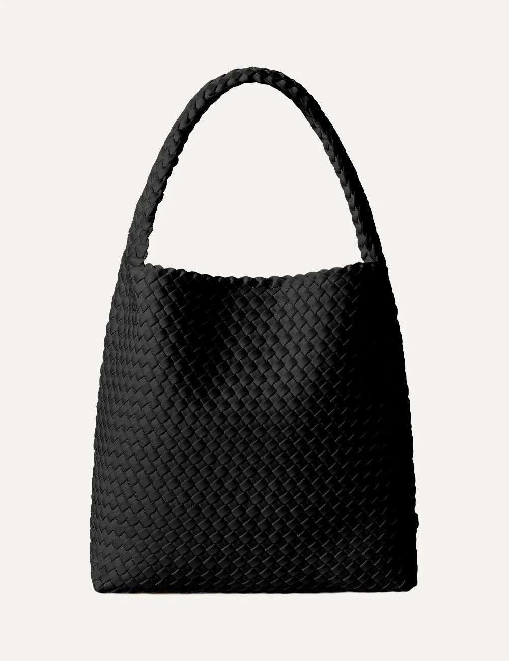 Women's Naghedi Nomad Medium Hobo bag in Onyx black handwoven neoprene with wide shoulder strap front view
