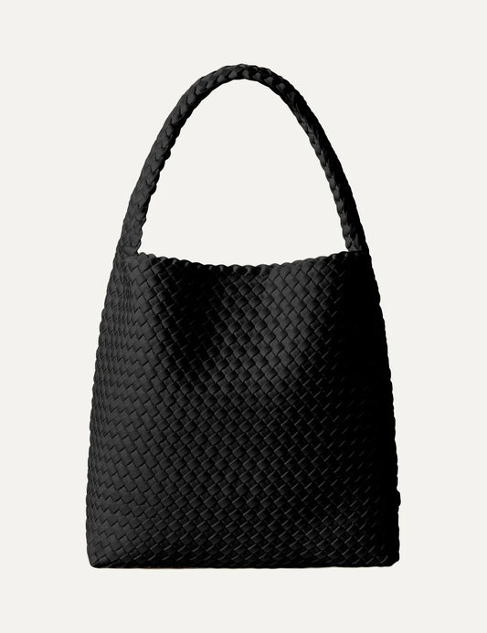 Women's Naghedi Nomad Medium Hobo bag in Onyx black handwoven neoprene with wide shoulder strap front view