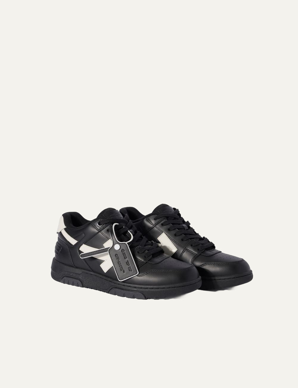 Pair view Off-White Out Of Office black leather sneakers front angle