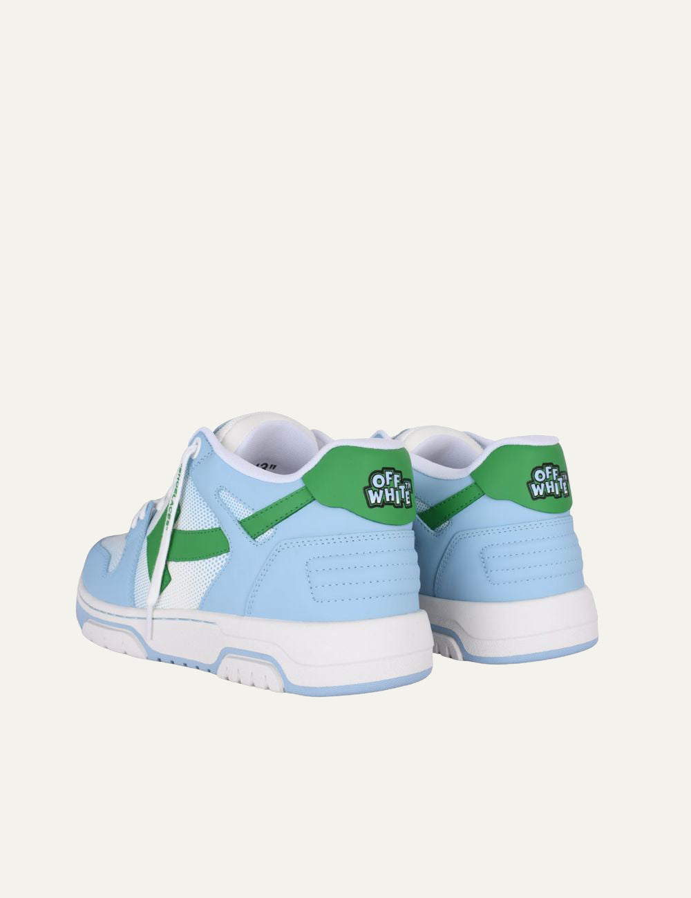 Off-White men sneakers back view logo heel blue green