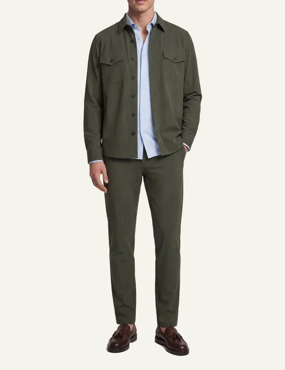 Cruna Osaka olive technical overshirt front model view