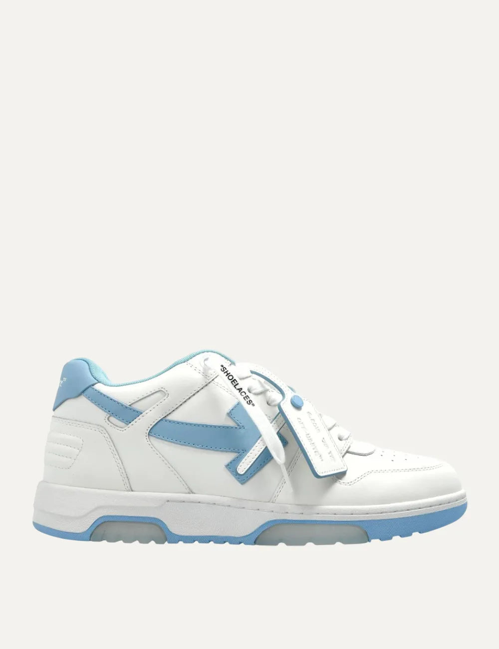 Off-White low-top sneakers λευκά με γαλάζιες λεπτομέρειες, καθαρό profile view