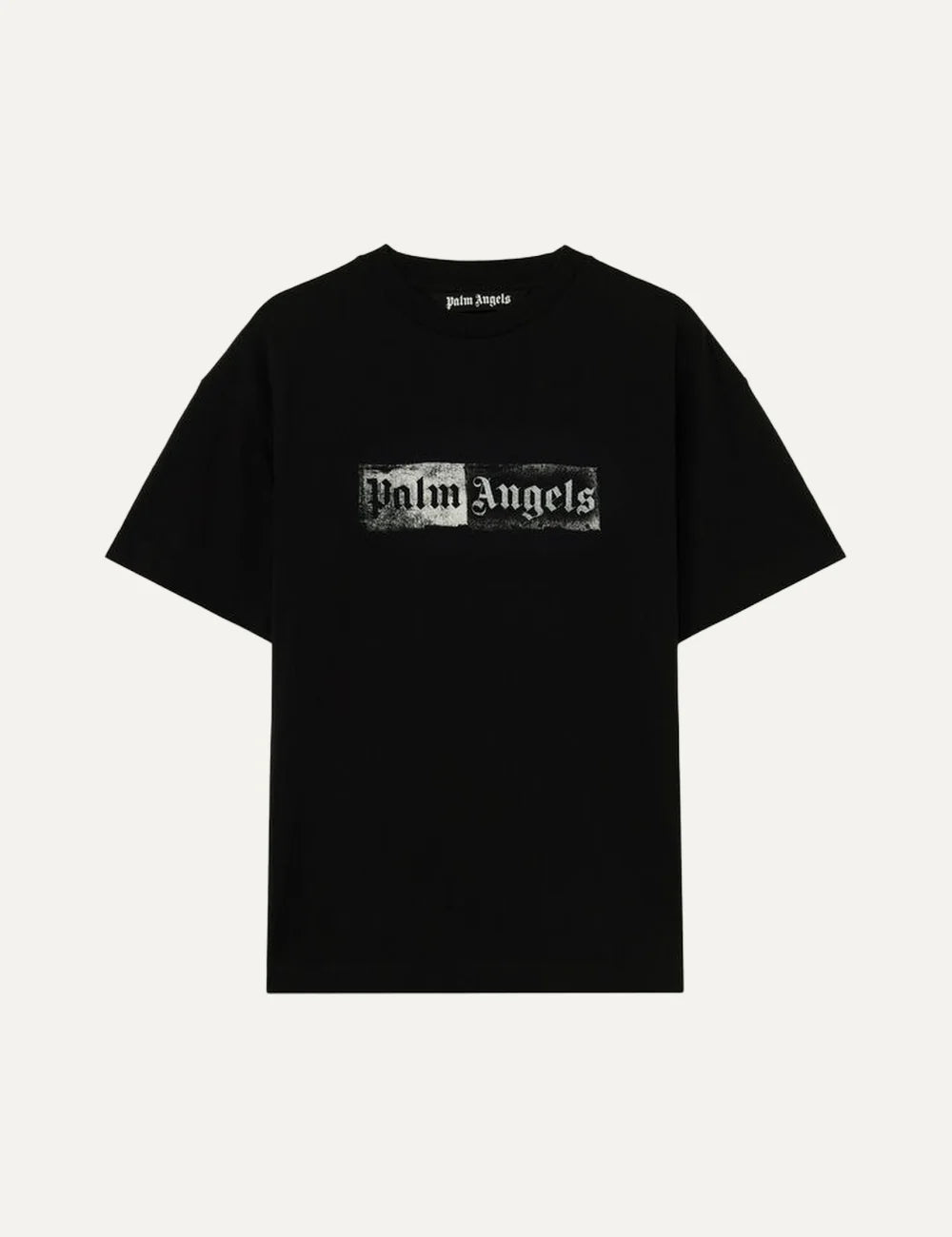Palm Angels men's black cotton crew neck T-shirt with short sleeves and a white distressed rectangular stamp logo print on the chest.
