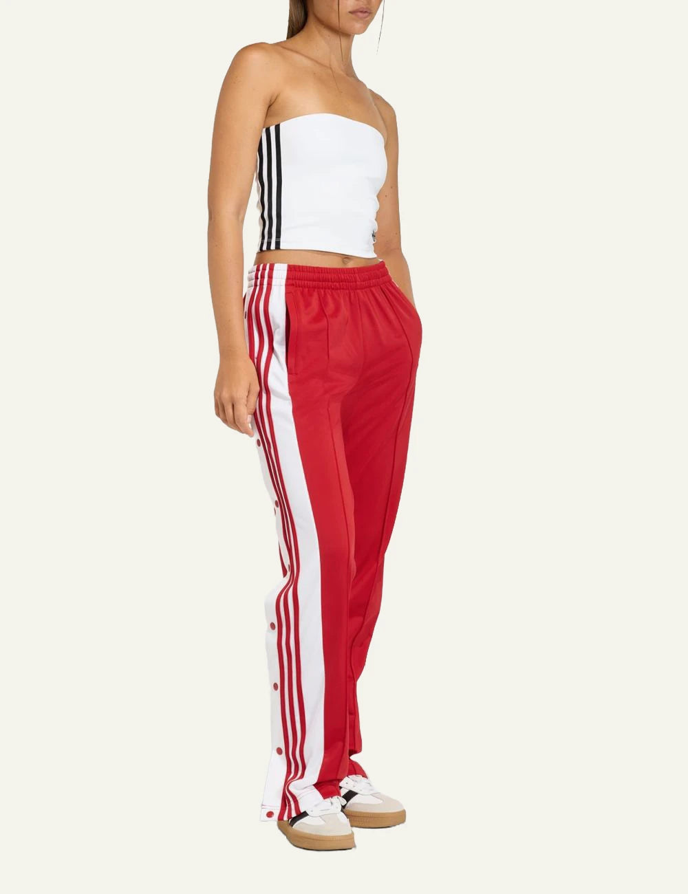 adidas adibreak red wide leg track pants better scarlet full body view