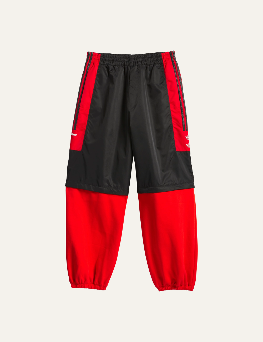 Adidas x Willy Chavarria fleece track pants σε black/red color blocking flat lay.
