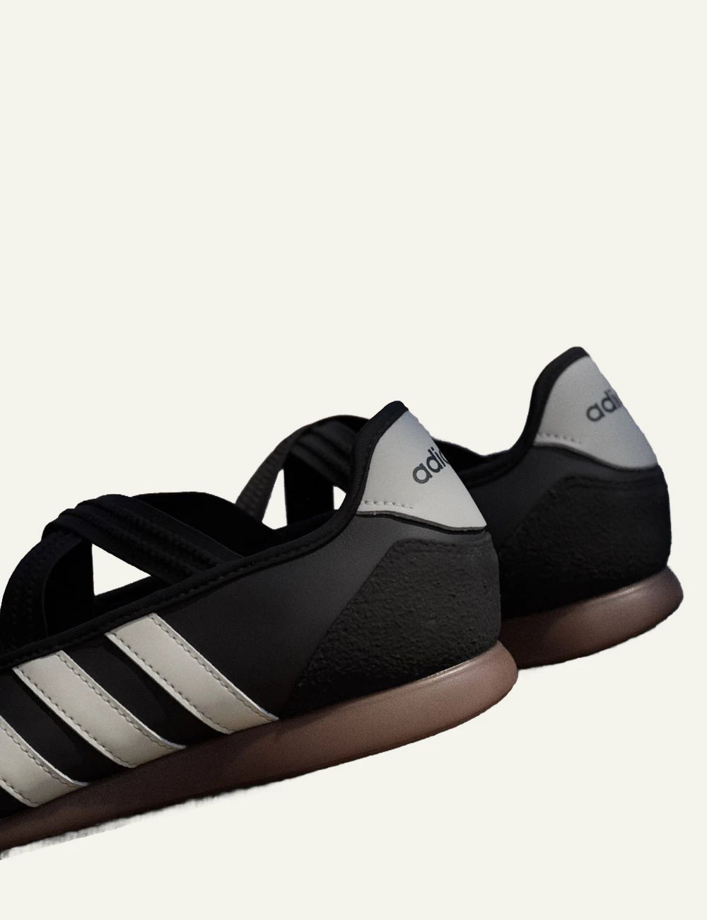 Adidas Originals leather sneakers core black core white gum strap detail back view