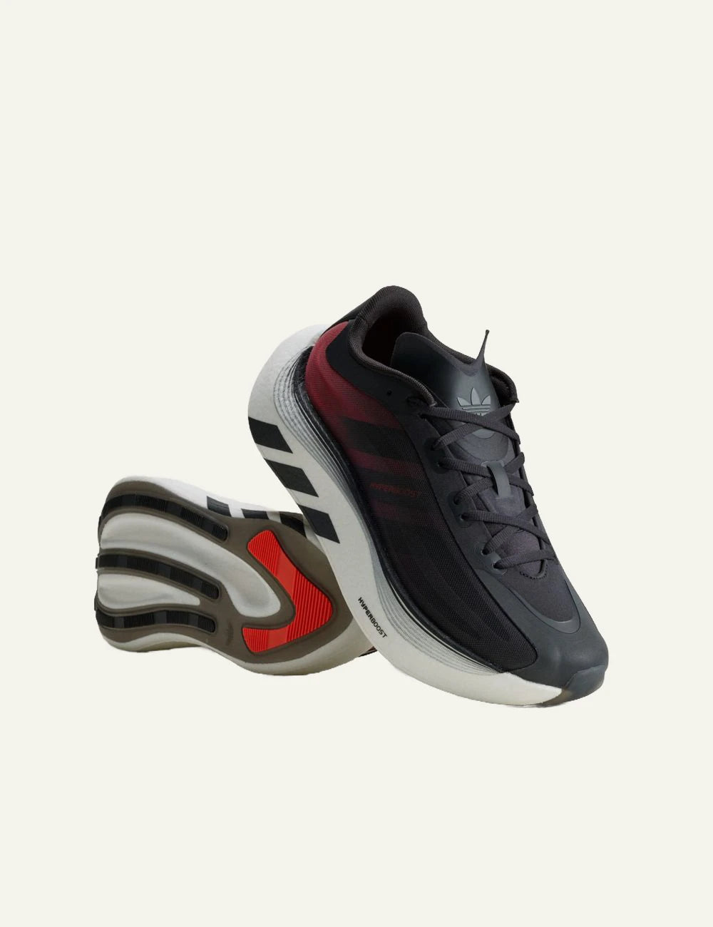 Men's Adidas Hyperboost sneakers in Core Black Solar Red and Cloud White with BOOST cushioning profile