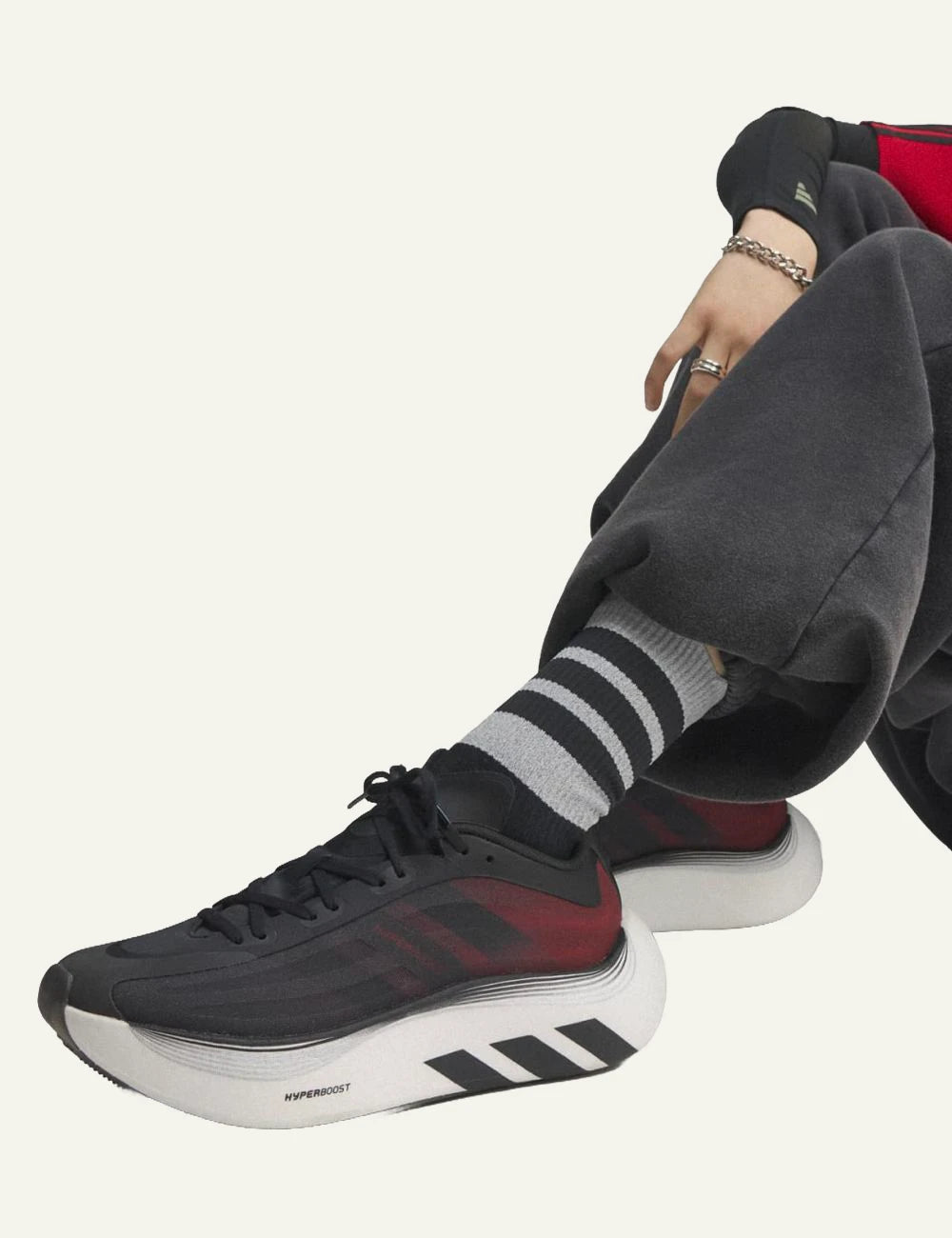 Men's Adidas Hyperboost sneakers in Core Black Solar Red and Cloud White with BOOST cushioning model