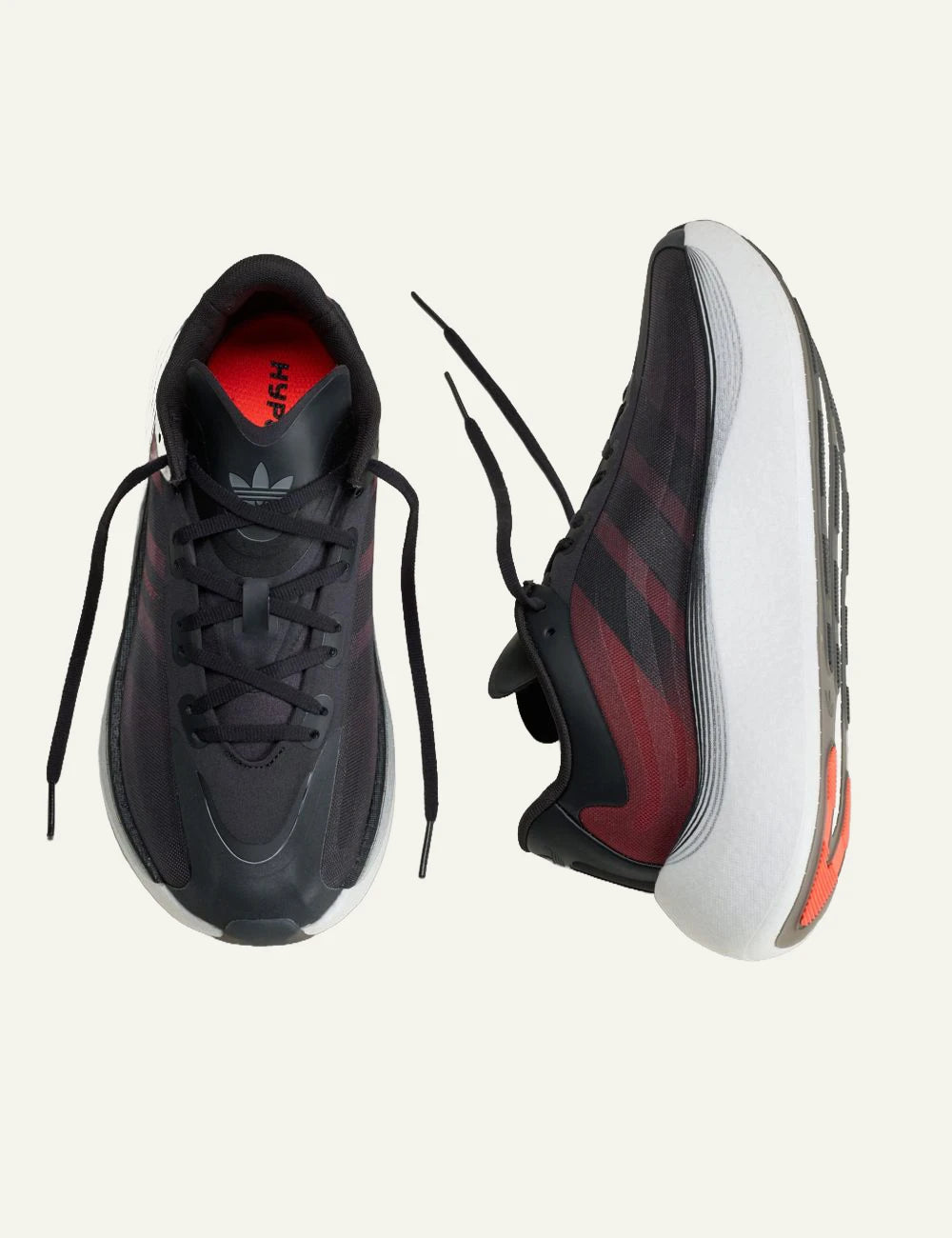 Men's Adidas Hyperboost sneakers in Core Black Solar Red and Cloud White with BOOST cushioning top