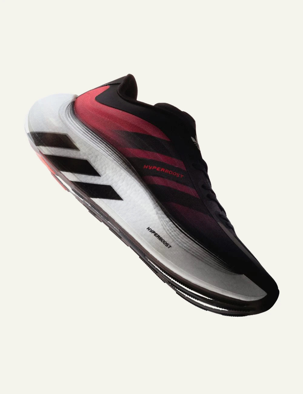 Men's Adidas Hyperboost sneakers in Core Black Solar Red and Cloud White with BOOST cushioning side