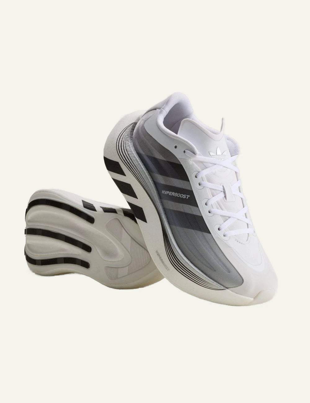 Women's adidas Originals Hyperboost white and black sneakers with BOOST midsole and textile upper front
