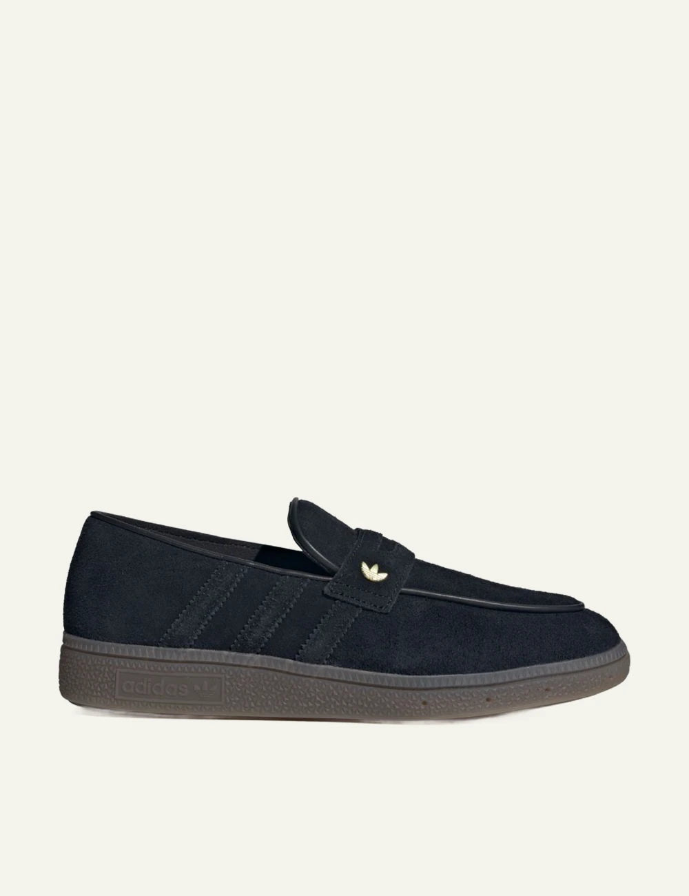 Men's adidas Originals Handball Spezial Loafer in black suede with strap closure and gum rubber sole