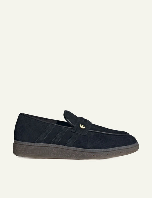 Men's adidas Originals Handball Spezial Loafer in black suede with strap closure and gum rubber sole