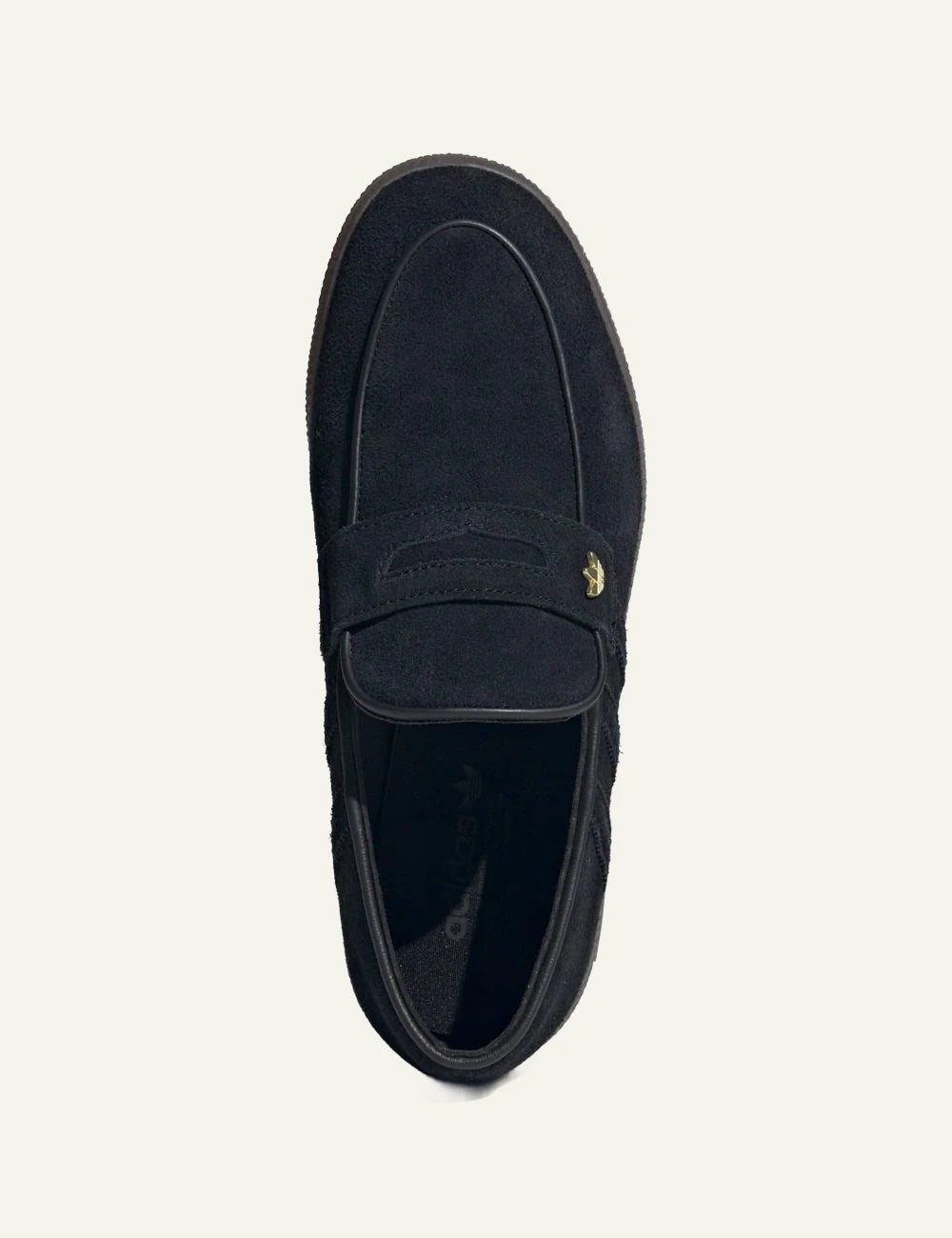 Men's adidas Originals Handball Spezial Loafer in black suede with strap closure and gum rubber sole top