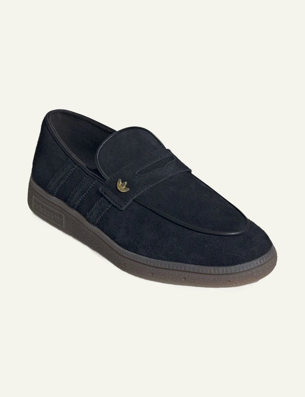 Men's adidas Originals Handball Spezial Loafer in black suede with strap closure and gum rubber sole front