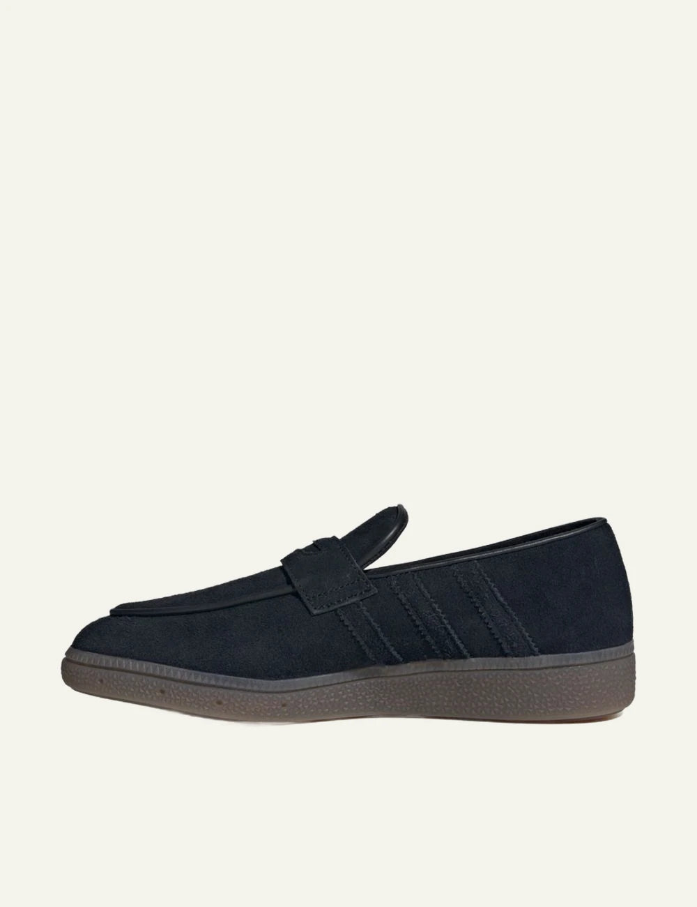Men's adidas Originals Handball Spezial Loafer in black suede with strap closure and gum rubber sole profile