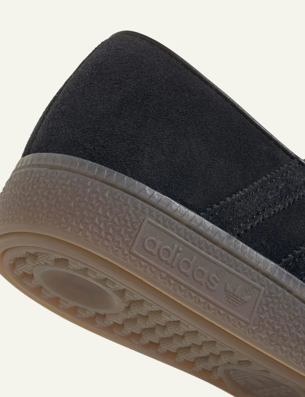 Men's adidas Originals Handball Spezial Loafer in black suede with strap closure and gum rubber sole back