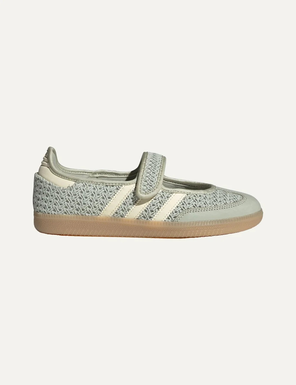 adidas Originals women Samba Jane Halo Green woven ballet flats with Warm Vanilla 3-Stripes and Mary Jane strap