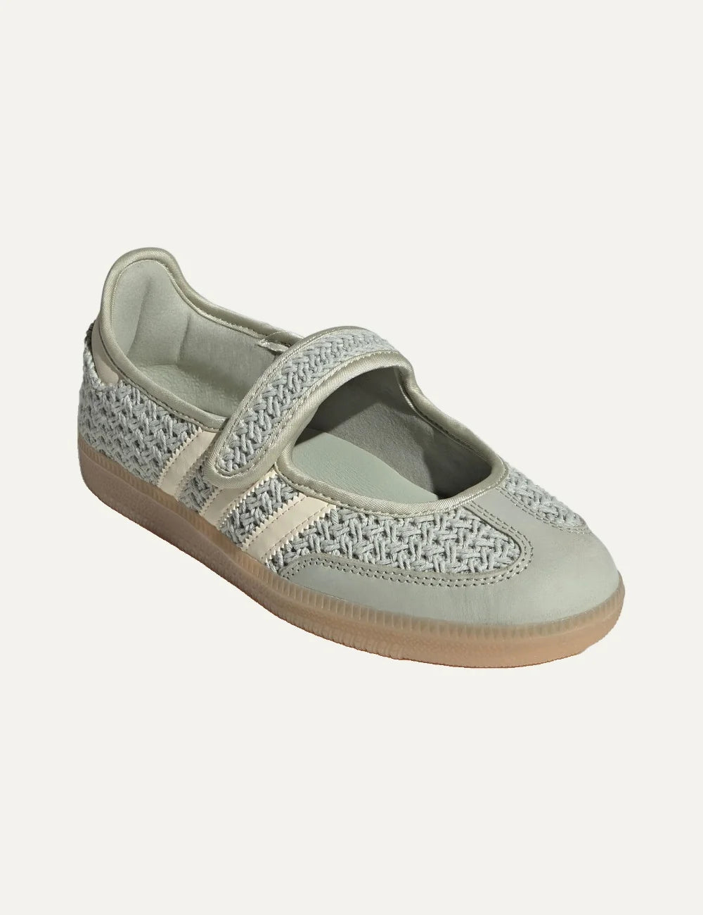 adidas Originals women Samba Jane Halo Green woven ballet flats with Warm Vanilla 3-Stripes and Mary Jane strap angled