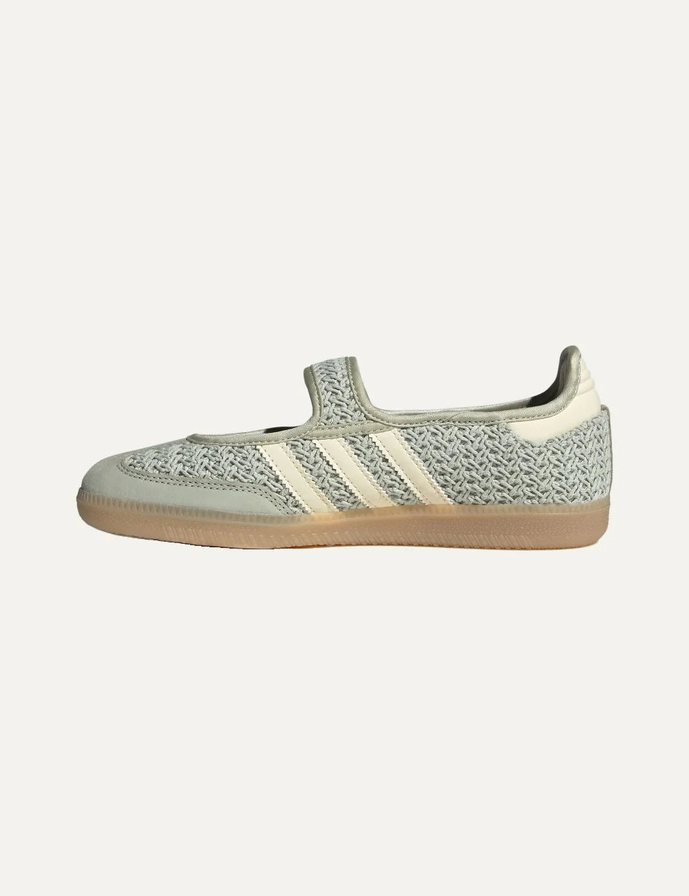 adidas Originals women Samba Jane Halo Green woven ballet flats with Warm Vanilla 3-Stripes and Mary Jane strap profile