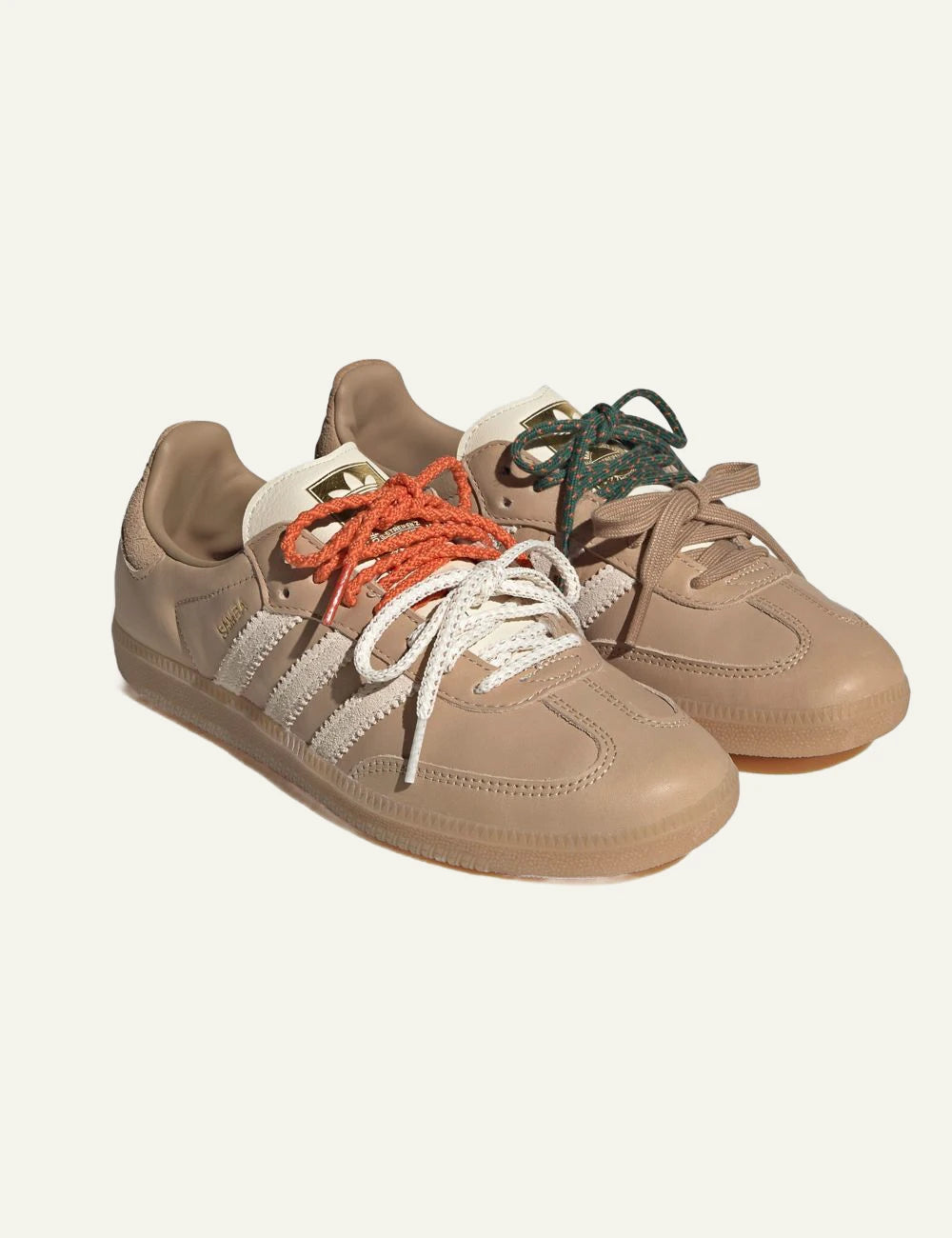 Women's adidas Originals Samba OG sneakers in beige leather with cream stripes and gum rubber sole angled