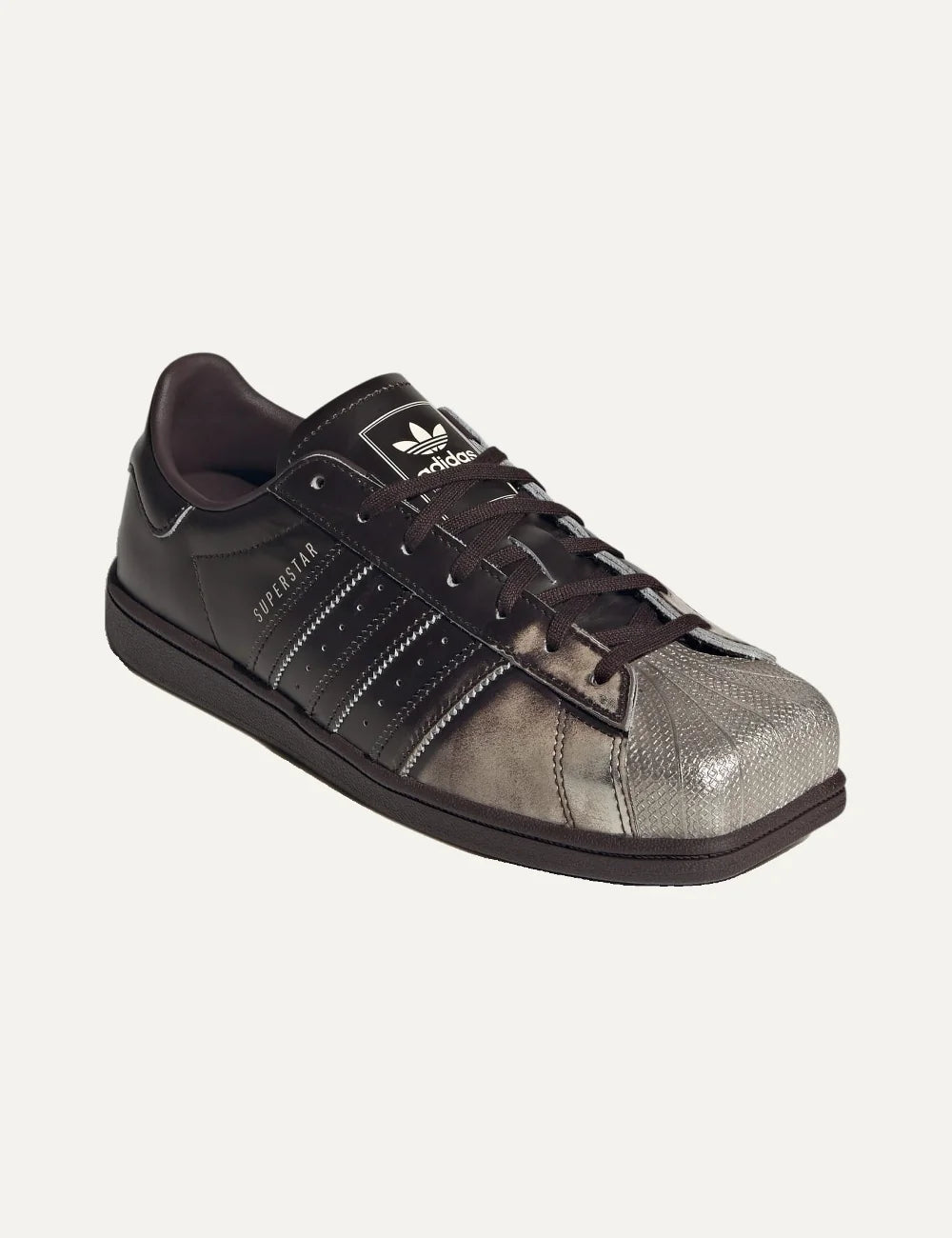 adidas Originals women Superstar SQ Aurora Coffee leather sneakers with Silver Metallic shell toe and 3-Stripes angled