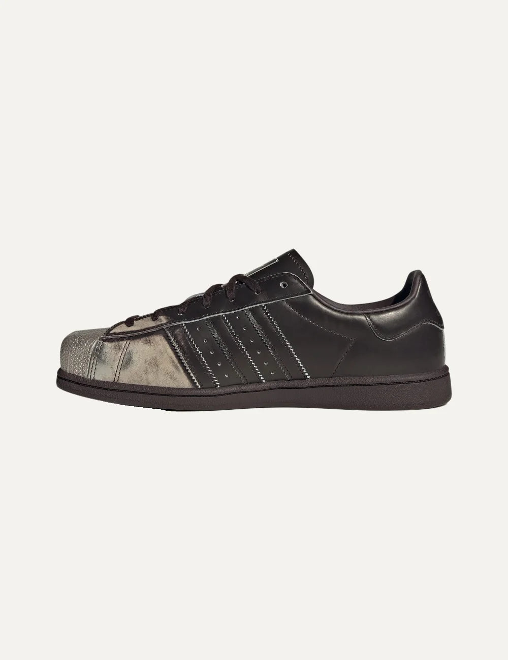 adidas Originals women Superstar SQ Aurora Coffee leather sneakers with Silver Metallic shell toe and 3-Stripes profile