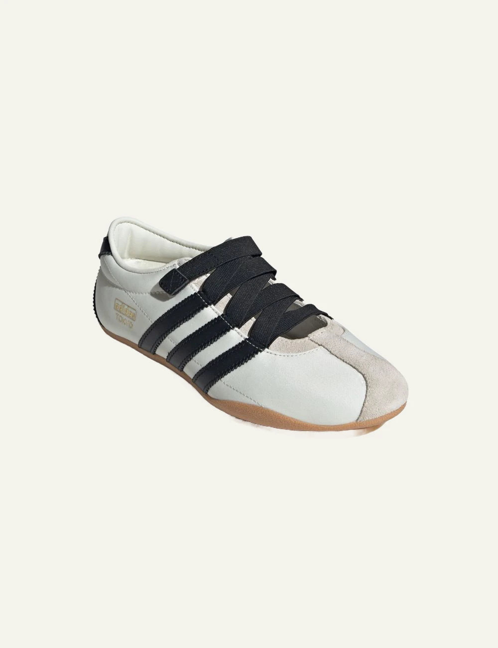 Women's Adidas Originals Tokyo Mary Jane ballet flats in off white and black with gum sole angled front