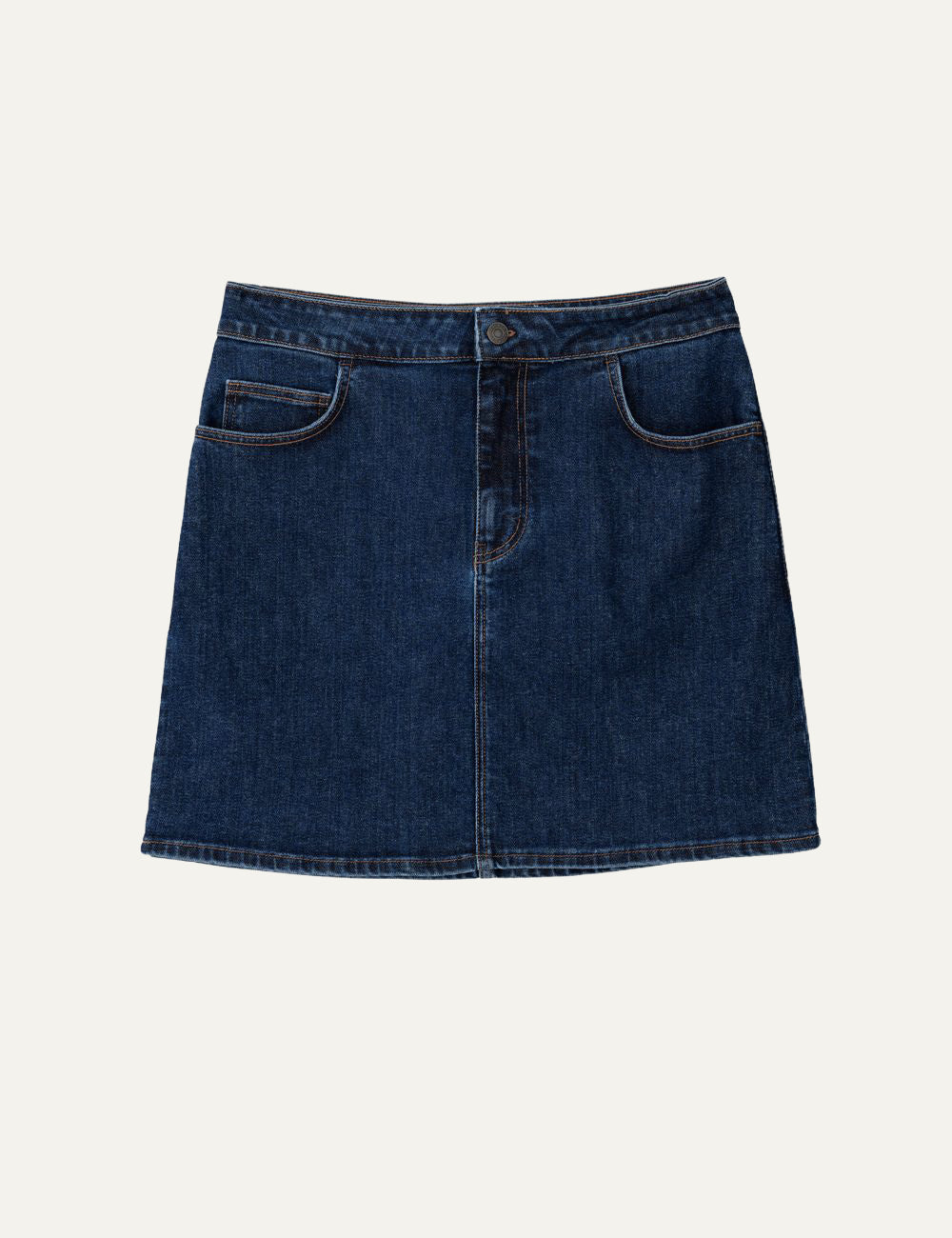 Philosophy Dark blue mini denim skirt with front button, zip closure, and classic pockets product view