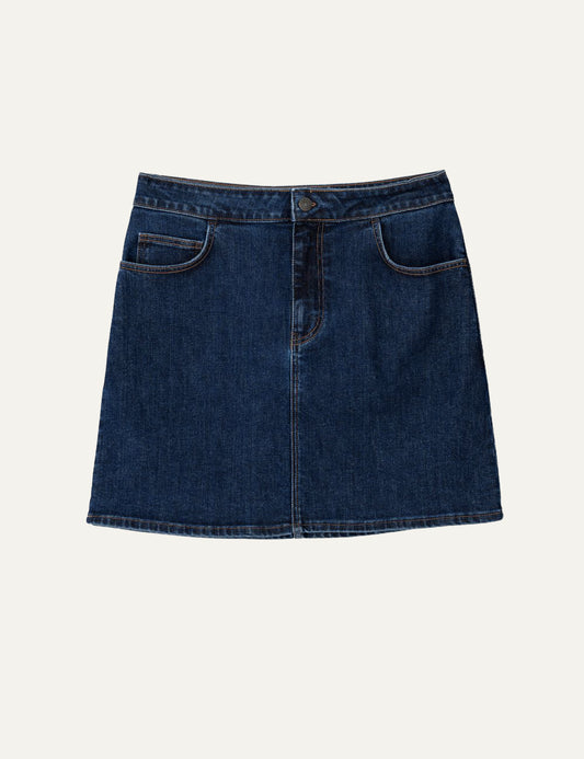 Philosophy Dark blue mini denim skirt with front button, zip closure, and classic pockets product view
