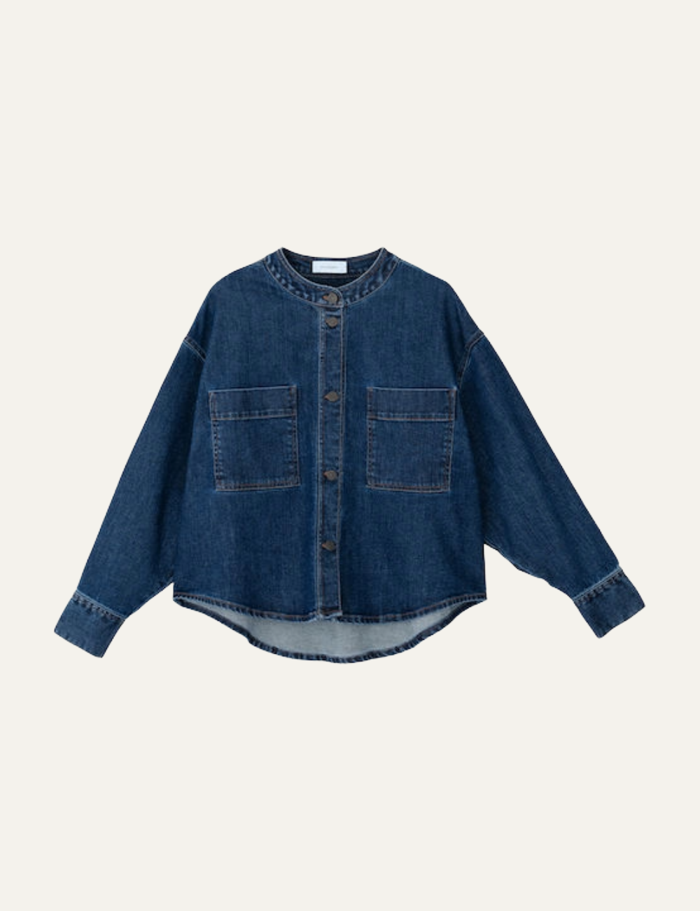 Philosophy mid-blue cropped denim jacket with round neckline, button closure and large front patch pockets , product view