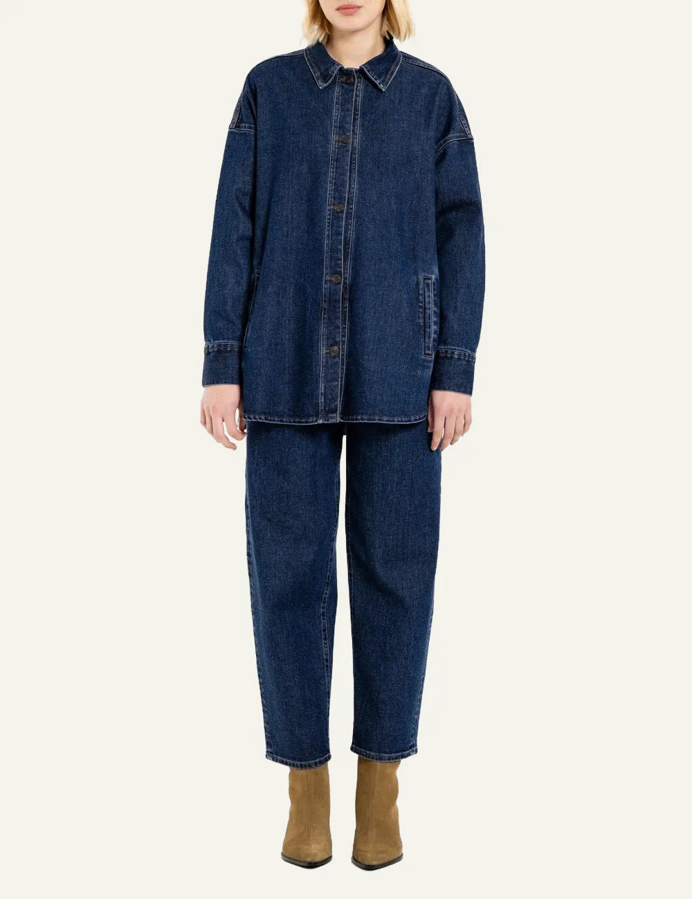 Philosophy mid-blue oversized denim overshirt with button closure, classic collar and front vertical pockets full body
