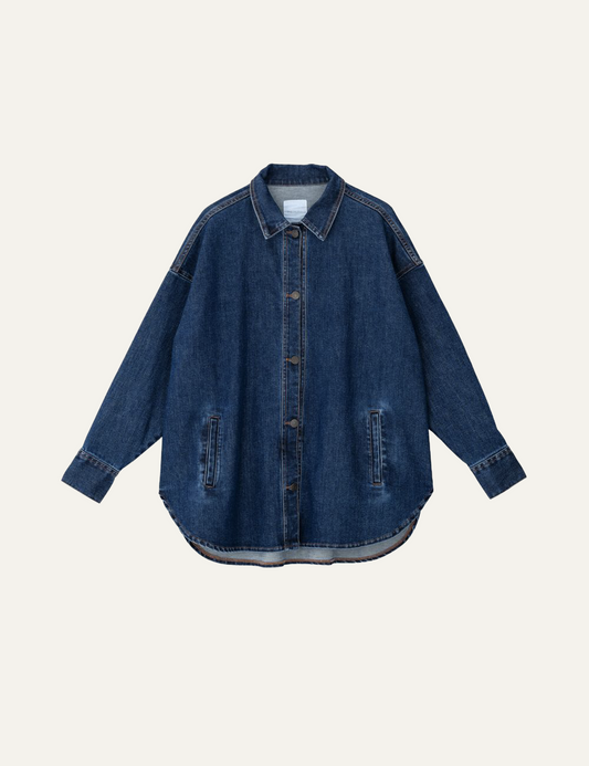Philosophy mid-blue oversized denim overshirt with button closure, classic collar and front vertical pockets, product