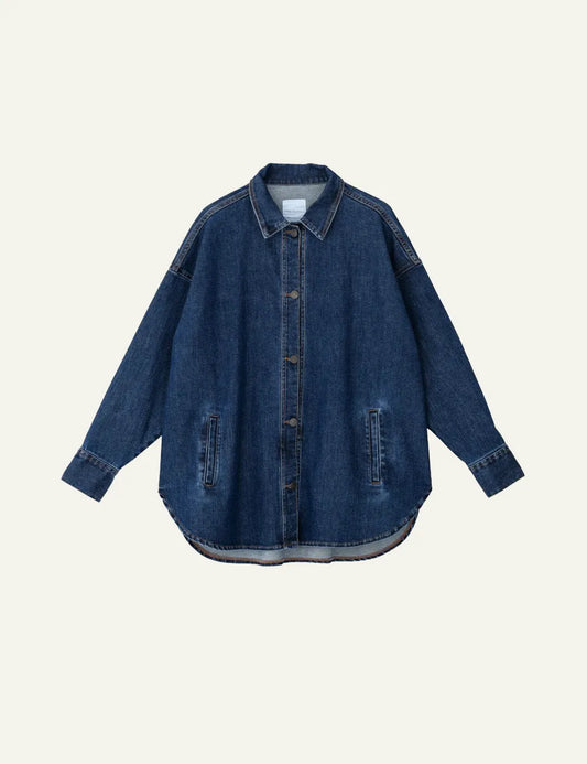 Philosophy mid-blue oversized denim overshirt with button closure, classic collar and front vertical pockets, product